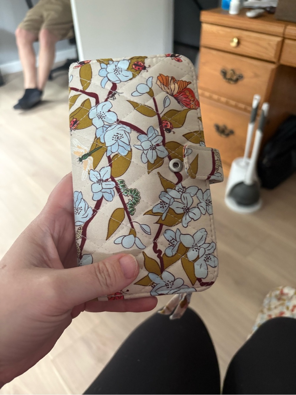 Vera Bradley Beige Floral Quilted Phone Wallet Case with Light Blue Blooms
